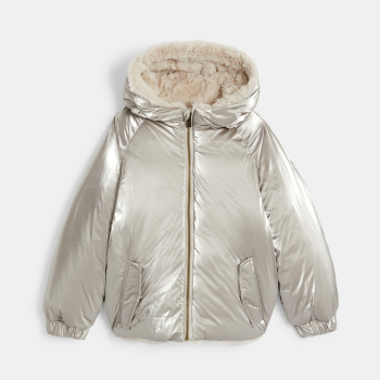 مِعطَف لامع بفرو اصطناعي قابل للارتداء على الوجهين، للفتيات،